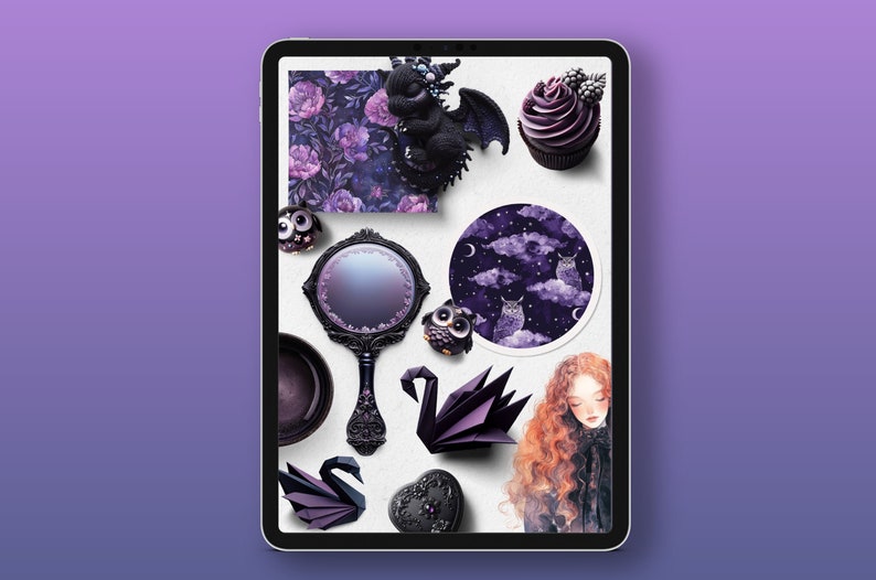 May include: A digital tablet screen displaying a collection of purple and black themed digital stickers. The stickers include a dragon, a cupcake, a mirror, a swan, an owl, and a girl with long red hair.