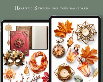 May include: A collection of autumn-themed stickers featuring a gold pocket watch, a gold geometric candle holder, a red leather-bound journal, a gold masquerade mask, a gold and orange scarf, and several autumn leaves.