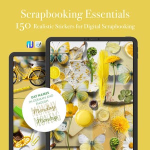 May include: Two tablets displaying digital scrapbook stickers. One tablet shows butterflies, flowers, and other elements. The other tablet shows a yellow bicycle and other elements. Text on the image reads "Scrapbooking Essentials" and "150 Realistic Stickers for Digital Scrapbooking."
