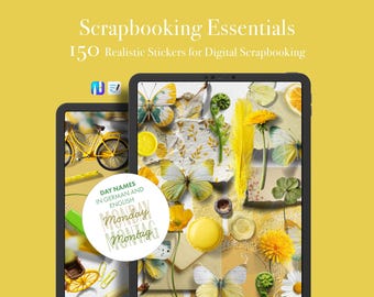 Digital Stickers Scrapbook Essentials 150 Realistic Stickers | Sunny Yellow Spring for Goodnotes & Noteful | Butterfly Floral Stationery PNG