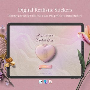 Könnte beinhalten: Eine digitale Anzeige mit dem Text "Digital Realistic Stickers" und "Rapunzel's Trinket Box". Das Bild zeigt eine herzförmige Schmuckschatulle, einen dekorativen Spiegel und eine Tulpe. Der Hintergrund ist ein zartes Rosa.