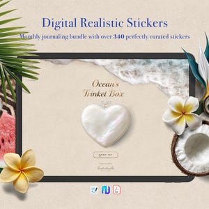 Könnte beinhalten: Ein digitales Set realistischer Aufkleber mit dem Text Digital Realistic Stickers und Monthly journaling bundle with over 340 perfectly curated stickers. Das Display zeigt eine herzförmige Muschel, tropische Blumen, eine Kokosnuss und eine Wassermelone.