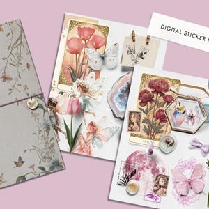 May include: A collection of decorative paper sheets and stickers with a floral and fairy theme. The sheets feature illustrations of flowers, butterflies, and fairies in soft pastel colors. The text "DIGITAL STICKER INCLUDED" is visible.