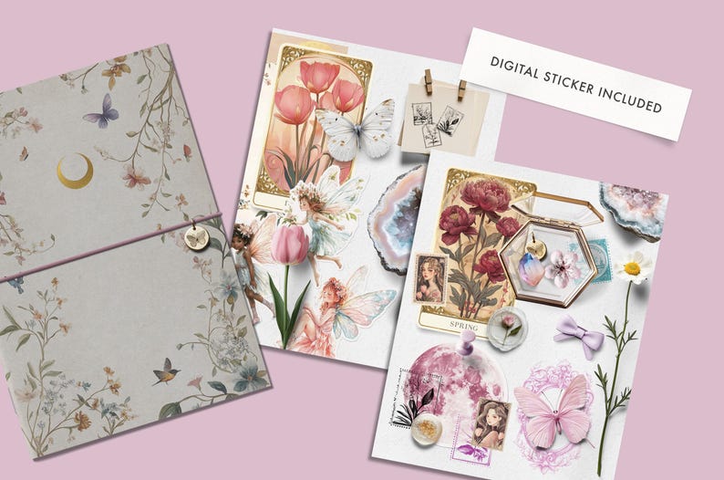 May include: A collection of decorative paper sheets and stickers with a floral and fairy theme. The sheets feature illustrations of flowers, butterflies, and fairies in soft pastel colors. The text "DIGITAL STICKER INCLUDED" is visible.