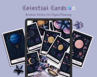 Pegatinas digitales realistas: mapas de fases lunares y planetas (archivos PNG, Noteful y Goodnotes)