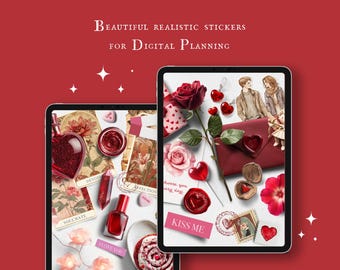 May include: Digital planner stickers featuring a variety of Valentine's Day themed designs, including hearts, roses, and a couple. The stickers are on a white background with a red border.