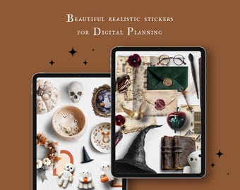 May include: A digital planner screen featuring a collection of Halloween and witch-themed stickers, including a witch's hat, a pumpkin, a skull, a cauldron, and a ghost. The stickers are displayed on a white background in a collage-like arrangement. The text "Beautiful Realistic Stickers for Digital Planning" is at the top of the screen.