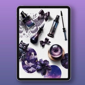 May include: A digital tablet screen displaying a flat lay of various beauty products with a celestial theme. The products include a bottle of perfume, a bottle of nail polish, a mascara wand, and a small glass orb. The background is a white surface with a black and white illustration of a moth.