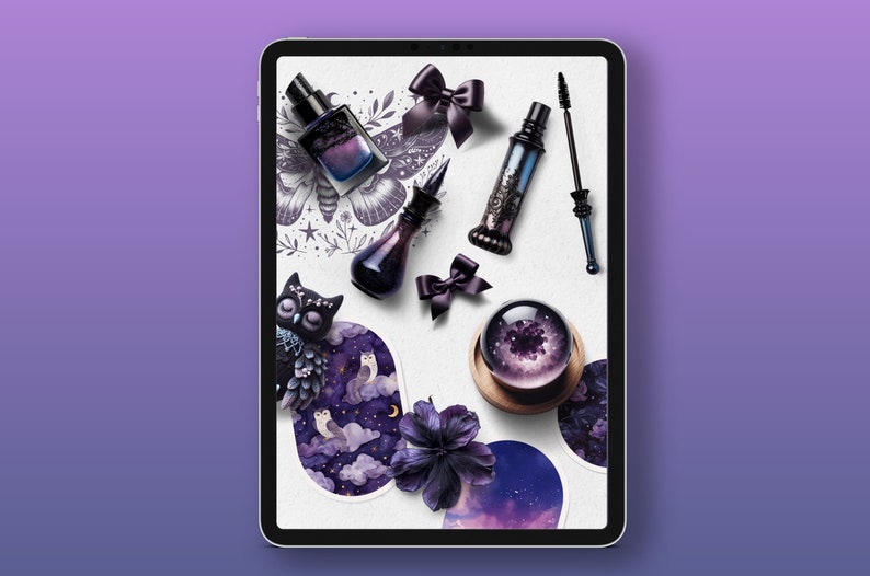 May include: A digital tablet screen displaying a flat lay of various beauty products with a celestial theme. The products include a bottle of perfume, a bottle of nail polish, a mascara wand, and a small glass orb. The background is a white surface with a black and white illustration of a moth.