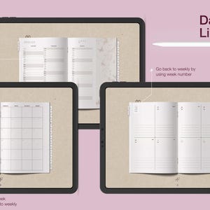 May include: Digital planner displayed on three tablets, showcasing dated weekly, monthly, and quarterly layouts. The text "Dated & Linked" is visible, along with annotations indicating linked features and week number navigation.
