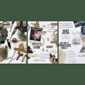 May include: A three-panel collage with a green backdrop. Each panel is adorned with decorative items such as feathers, leaves, paper clips, and handwritten text. The text includes phrases like "Sorry, I'm in the storm," "Daily Gratitude," and "Take time to appreciate yourself."
