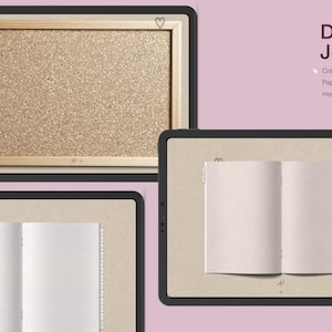 May include: Digital Journal product image. The image shows a gold glitter board in a wooden frame, and two open journals with blank and grid pages. The text "Digital Journal" is displayed with a list of paper types.