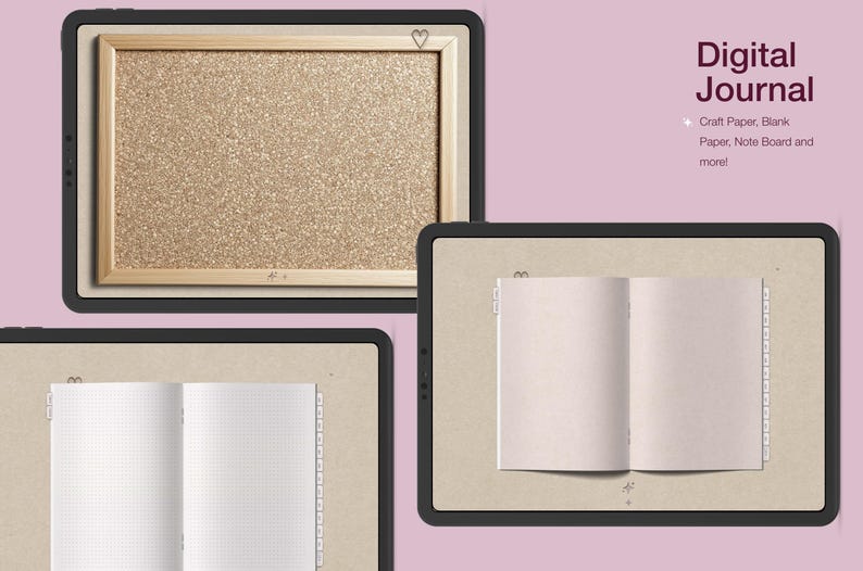 May include: Digital Journal product image. The image shows a gold glitter board in a wooden frame, and two open journals with blank and grid pages. The text "Digital Journal" is displayed with a list of paper types.