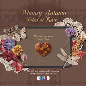 May include: A digital display showing the text Whimsy Autumn Trinket Box and a heart-shaped object covered in autumn leaves. The display is surrounded by decorative elements including moths, butterflies, dried flowers, wheat, leaves, and a lace doily.