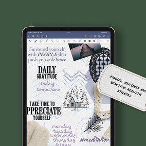 May include: A digital tablet showing a planner page with handwritten text and illustrations. The page includes phrases like "Daily Gratitude" and "Take Time to Appreciate Yourself." A tag reads "Doodles, Helplines and Beautiful Realistic Stickers."