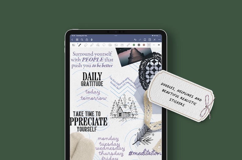 May include: A digital tablet showing a planner page with handwritten text and illustrations. The page includes phrases like "Daily Gratitude" and "Take Time to Appreciate Yourself." A tag reads "Doodles, Helplines and Beautiful Realistic Stickers."