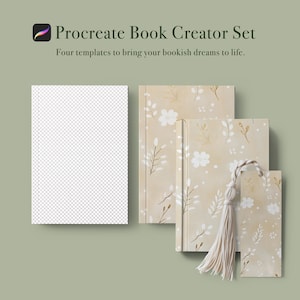 May include: A set of four Procreate book creator templates featuring a delicate floral pattern in shades of beige and white. The templates include a cover, spine, and bookmark.