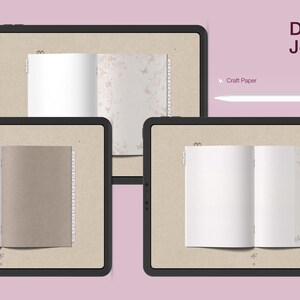 May include: Digital journal displayed on three tablets. Each tablet shows an open journal with blank pages. The journals have a craft paper texture and are surrounded by a black border. The text "Digital Journal" is visible.