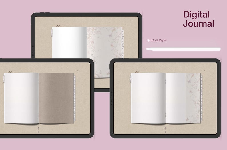 May include: Digital journal displayed on three tablets. Each tablet shows an open journal with blank pages. The journals have a craft paper texture and are surrounded by a black border. The text "Digital Journal" is visible.