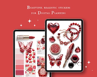 May include: Two digital tablets showcasing red-themed stickers for digital planning. One tablet displays a lipstick, butterfly, and colour palette. The other shows jewellery, gems, and a feather. Text reads "BEAUTIFUL REALISTIC STICKERS FOR DIGITAL PLANNING."