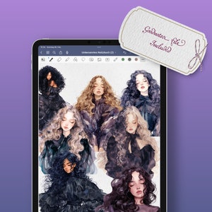 May include: Digital illustration of six women with long, curly hair wearing black dresses. The women are drawn in a watercolor style with soft, muted colors.