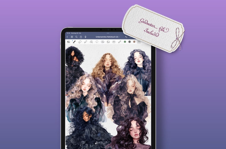 May include: Digital illustration of six women with long, curly hair wearing black dresses. The women are drawn in a watercolor style with soft, muted colors.
