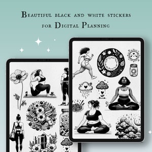 May include: A digital tablet displaying black and white illustrations of people exercising, meditating, and other activities. The text "BEAUTIFUL BLACK AND WHITE STICKERS FOR DIGITAL PLANNING" is at the top of the screen.