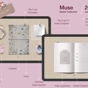 May include: Digital planner with a soft pink and beige color scheme. The planner includes templates, notes chapters, and index hyperlinks. The text on the planner reads "Muse Dream Collection 2026 January-December". Decorative elements include a butterfly and a heart-shaped paper clip.