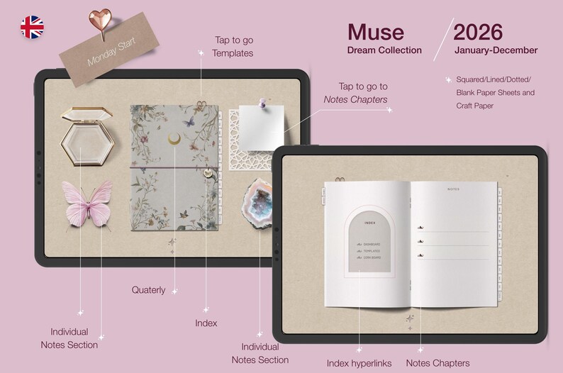 May include: Digital planner with a soft pink and beige color scheme. The planner includes templates, notes chapters, and index hyperlinks. The text on the planner reads "Muse Dream Collection 2026 January-December". Decorative elements include a butterfly and a heart-shaped paper clip.