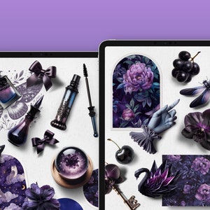 May include: Two digital tablets displaying a collection of dark purple and black floral and nature-themed illustrations, including a dragonfly, a swan, a key, a cherry, a flower, and a hand.