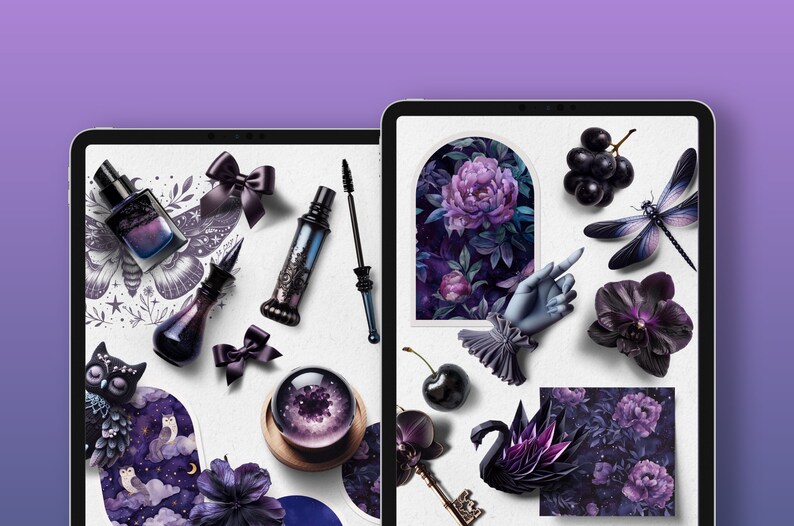 May include: Two digital tablets displaying a collection of dark purple and black floral and nature-themed illustrations, including a dragonfly, a swan, a key, a cherry, a flower, and a hand.