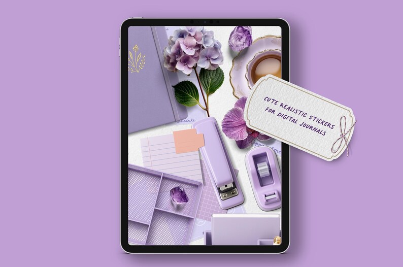 May include: A digital tablet displays a collection of purple stationery and floral elements. Items include a stapler, tape dispenser, journal, and a tag that reads "CUTE REALISTIC STICKERS FOR DIGITAL JOURNALS". The aesthetic is soft and feminine.