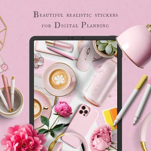 May include: A digital tablet displaying a collection of pink and gold digital stickers for planning. The stickers include flowers, coffee cups, and other decorative elements. The tablet is surrounded by pink and gold stationery, including pens, a cup of coffee, and a lamp.