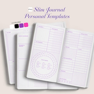 May include: A collection of slim journals with purple grid and template designs. The journals have a white cover and interior pages with purple text and graphics. The text on the cover says "Slim Journal Personal Templates". Four colour options are shown: white, black, purple, and pink.