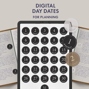 May include: Digital day dates for planning displayed on a tablet screen, featuring a grid of black circular stickers numbered 1 through 31 with the word Monday below each number. Two open journals with handwritten text and circular date markers are visible.