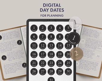 Digital Date Stickers | 1–31 with Weekdays | 4 Colors | PNG Sticker