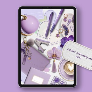 May include: A collection of elegant purple stationery and decor items, including pens, a stapler, a journal, and a coffee cup. The image features a tag that reads "Elegant Stationery and Decor."