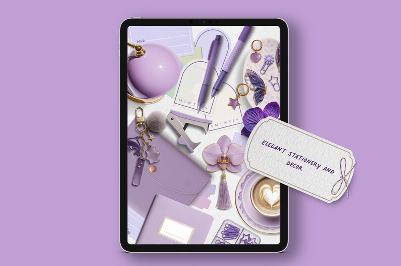 May include: A collection of elegant purple stationery and decor items, including pens, a stapler, a journal, and a coffee cup. The image features a tag that reads "Elegant Stationery and Decor."