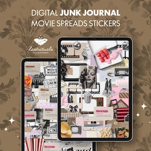 Könnte beinhalten: Zwei digitale Tablets mit Film-Themen-Junk-Journal-Seiten mit Aufklebern. Die Bildschirme zeigen Vintage-Filmbilder, Popcorn und Text mit der Aufschrift "DIGITAL JUNK JOURNAL MOVIE SPREADS STICKERS". Der Hintergrund ist ein braunes Damastmuster.
