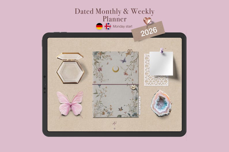 May include: A digital planner with a floral design, a butterfly, and a decorative box. The planner is dated for 2026 and includes a weekly and monthly layout. The image also includes a decorative crystal and a paper cutout.
