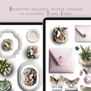 May include: A digital sticker set featuring romantic table items, including a white lace frame, a white cake with butterflies, a white oval frame with a floral design, a pink envelope with a wax seal, a succulent in a white pot, and a butterfly clip.