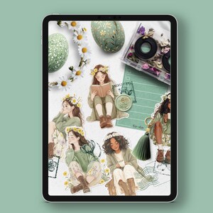 May include: Digital illustration of five women with floral crowns, each with a different pose and expression. The illustrations are surrounded by green and white floral elements, a cassette tape, and a vintage postcard.