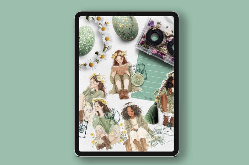 May include: Digital illustration of five women with floral crowns, each with a different pose and expression. The illustrations are surrounded by green and white floral elements, a cassette tape, and a vintage postcard.