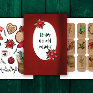 Könnte beinhalten: Eine Sammlung weihnachtlicher Illustrationen. Enthält eine Karte mit dem Text "Baby it's cold outside!", Weihnachtsstern, einen Strumpf, Lebkuchen, Ornamente und botanische Etiketten. Der Hintergrund ist dunkles grünes Holz.