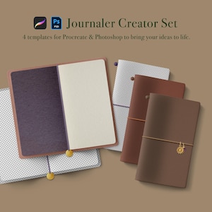 Puede incluir: Cuatro plantillas de diario diferentes para Procreate y Photoshop. Las plantillas se muestran como cuadernos abiertos con diferentes cubiertas y páginas de colores. Las cubiertas son marrones, marrón oscuro y grises. Las páginas son blancas y tienen un patrón de cuadrícula.