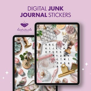 May include: Two digital tablets displaying digital junk journal stickers. The tablets showcase various decorative elements, including flowers, stamps, and alphabet stickers. The text "DIGITAL JUNK JOURNAL STICKERS" is at the top, with the brand logo "lastrituals" below.