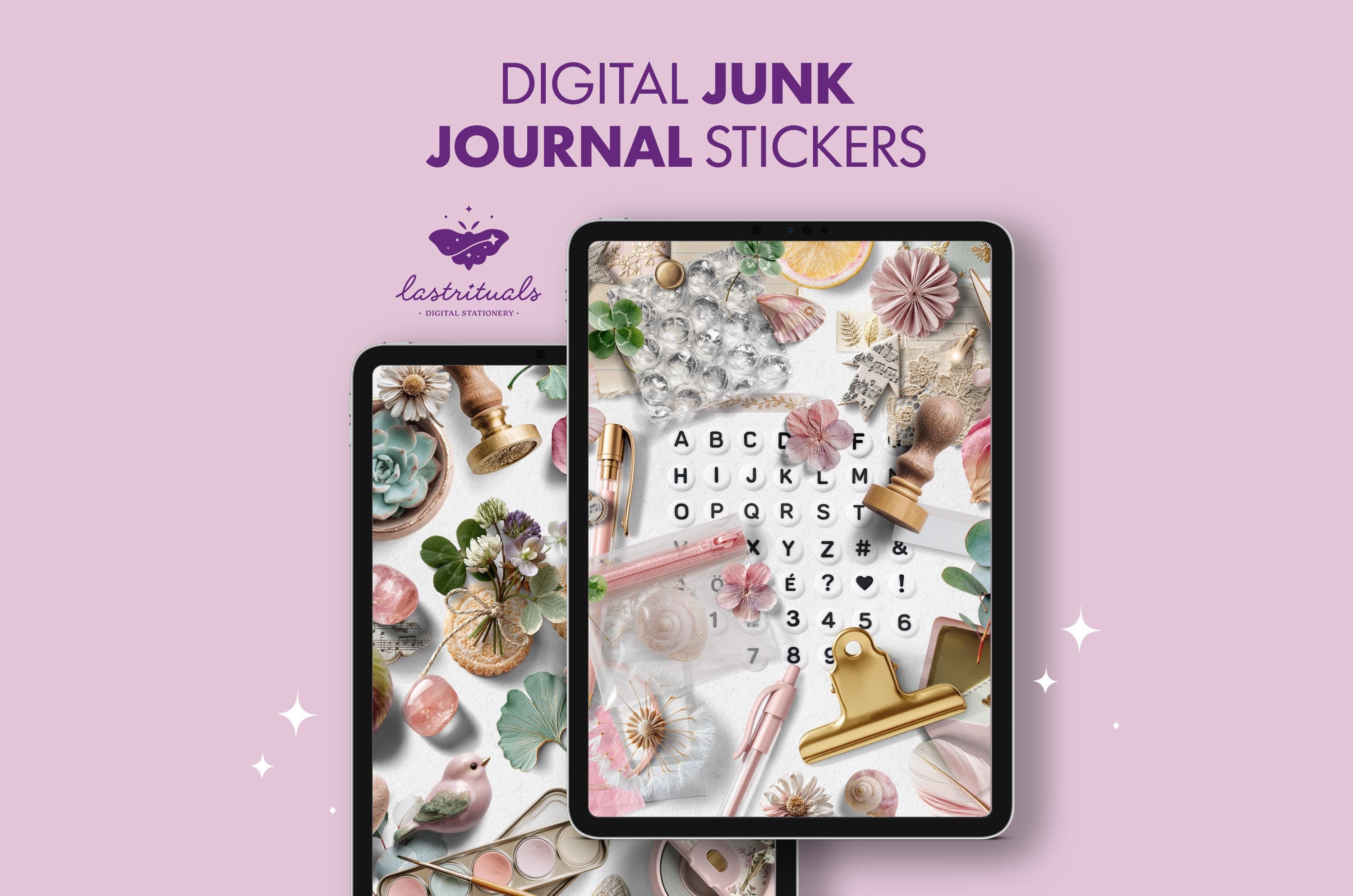 Digital Junk Journal Kit 150+ Realistic PNG | Pink Gold Goodnotes Noteful | Alphabet Floral ...