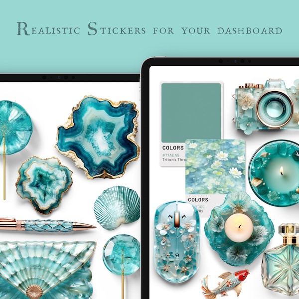 Aquamarine Realm Decor for your digital Dashboard and Planner  Realistic Digital Stickers PNG und Goodnotes Datei