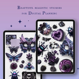 May include: A digital planner screen displaying a collection of purple and black digital stickers. The stickers include a butterfly, a beetle, a mask, a cupcake, a frog, a crystal heart, and a moon. The text "Beautiful Realistic Stickers for Digital Planning" is displayed at the top of the screen.