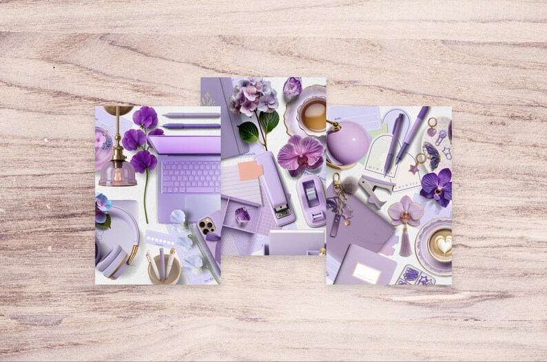 May include: A collection of purple-themed office supplies and accessories, including a laptop, pens, stapler, and a coffee cup. The image also features flowers and a decorative light fixture, all arranged on a light wooden surface.